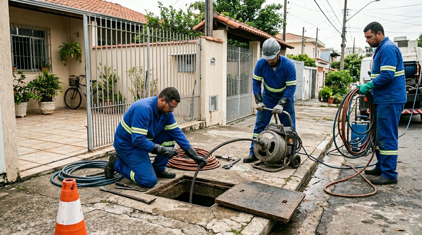 Equipe de desentupimento de esgoto em Sorocaba-SP